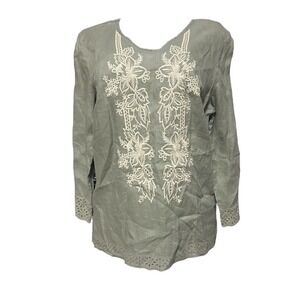 Solitaire Linen Tunic Women Medium  V Neck Long Sleeve Shirt Embroidered